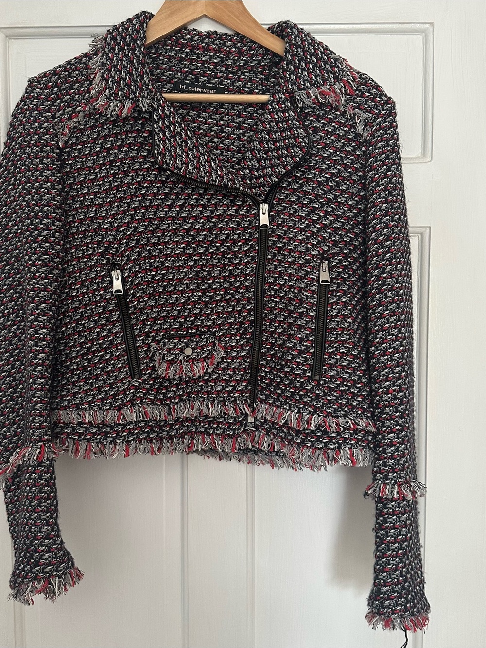 Zara Multicolor Tweed Moto Jacket - Black, Red, White